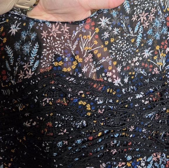 Xhilaration | Floral Print Boho Dress Crochet Lace Front Sheer Upper & Sleeves - Picture 3 of 8